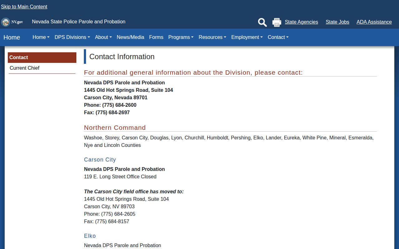 Nevada Parole and Probation contact directory showing Lincoln County in Northern Command
