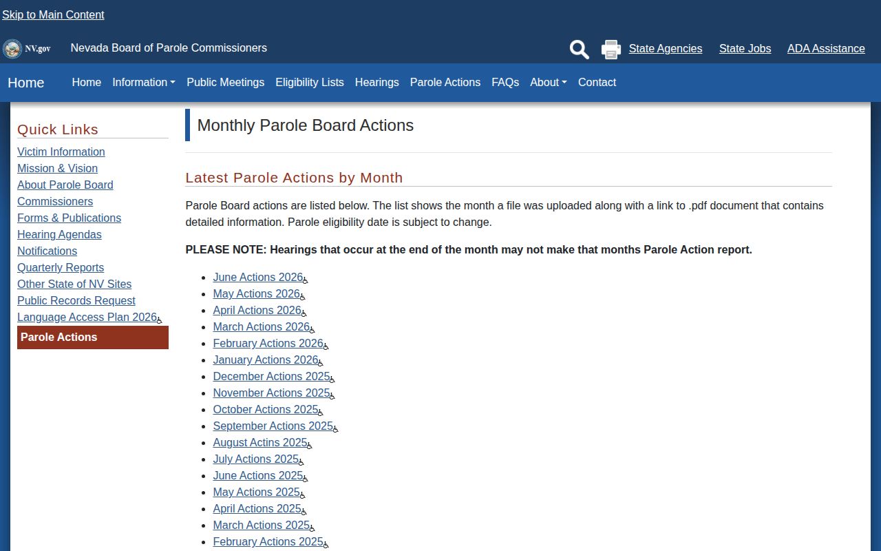 Nevada Monthly Parole Board Actions index with reports arranged by month