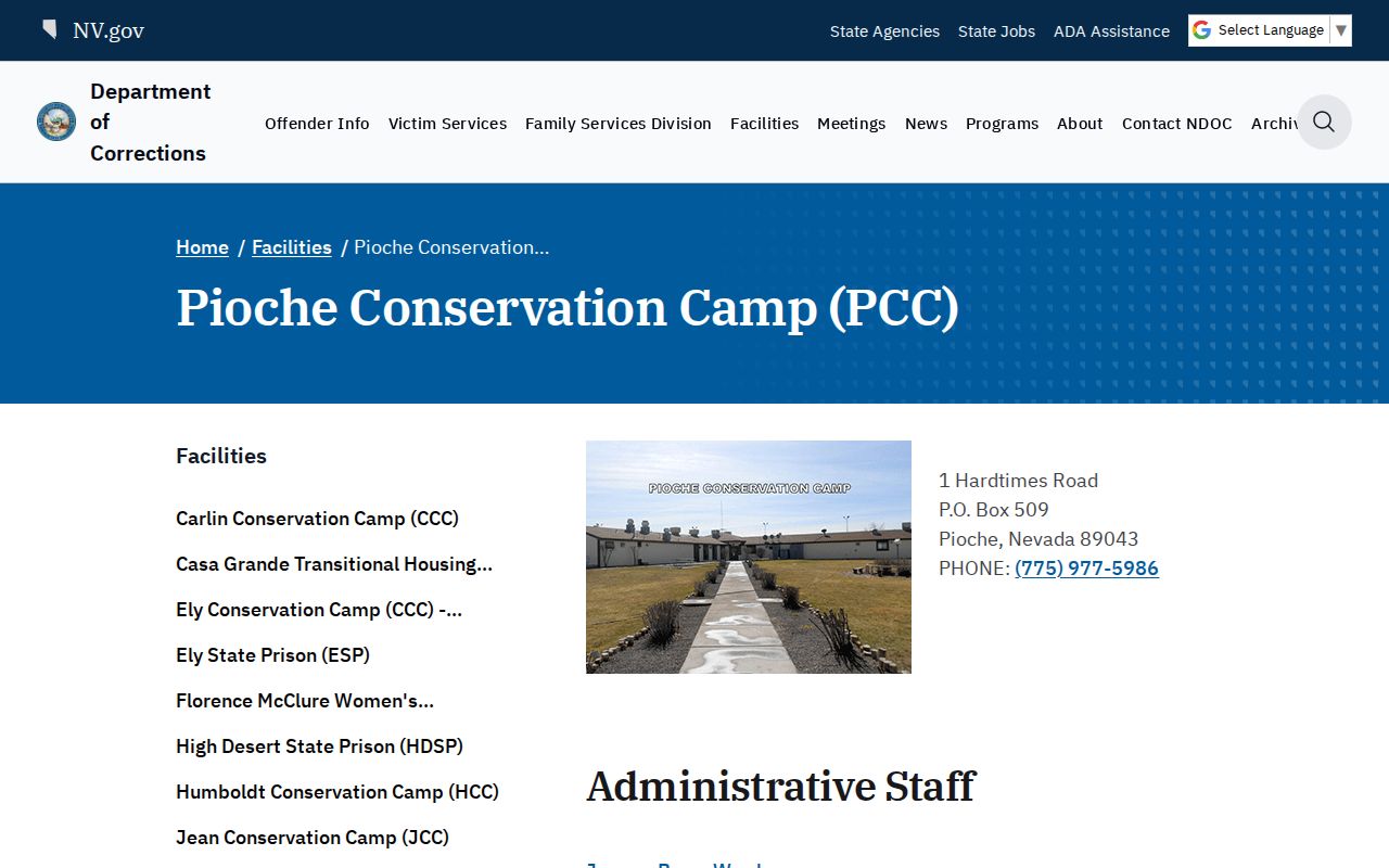 Pioche Conservation Camp release facility profile