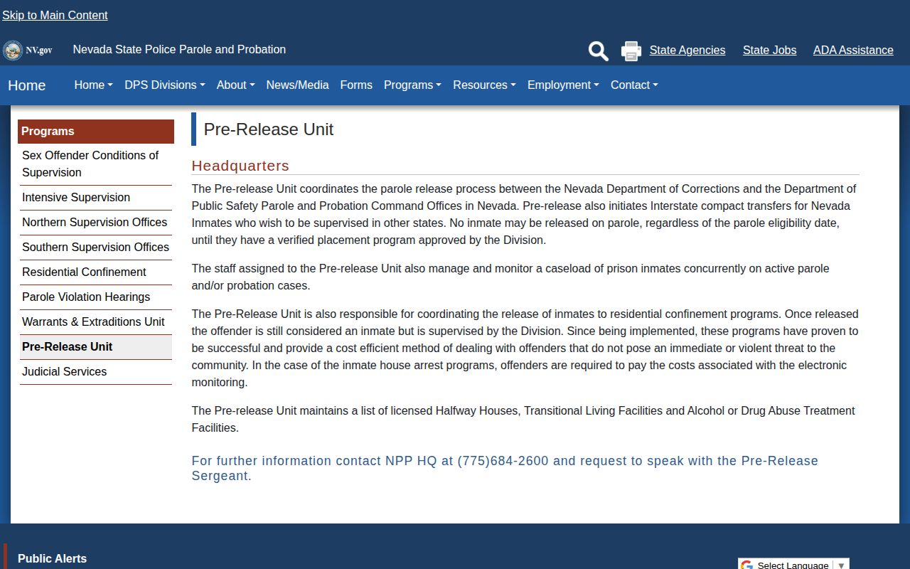 Nevada Pre-Release Unit page explaining placement verification and residential confinement